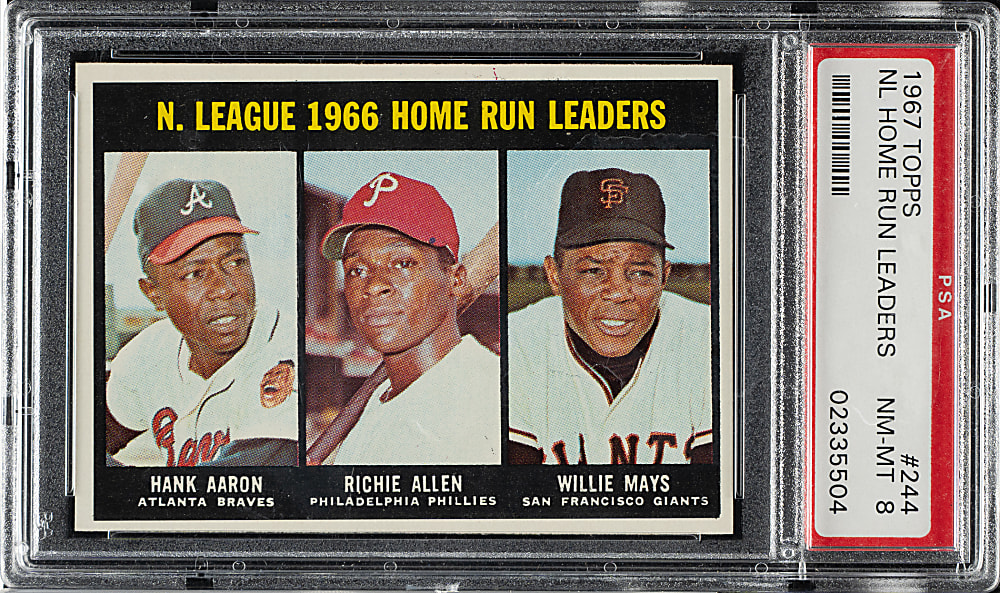 1967 Topps #244 N.L. Home Run Leaders with Hank Aaron and Willie Mays PSA NM-MT 8