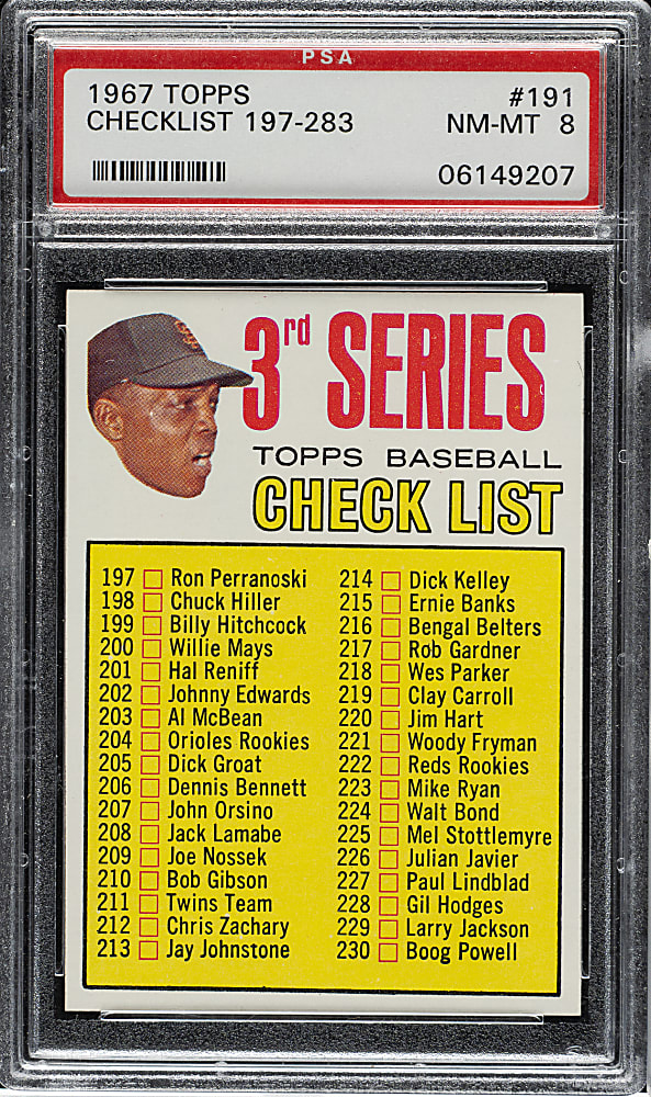1967 Topps #191 Checklist (214 is Dick Kelley) PSA NM-MT 8