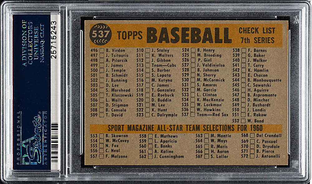 1960 Topps #537 Boston Red Sox Team PSA NM-MT 8