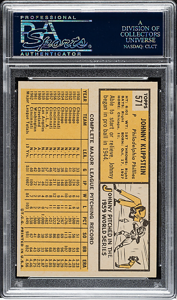 1963 Topps #571 Johnny Klippstein PSA MINT 9