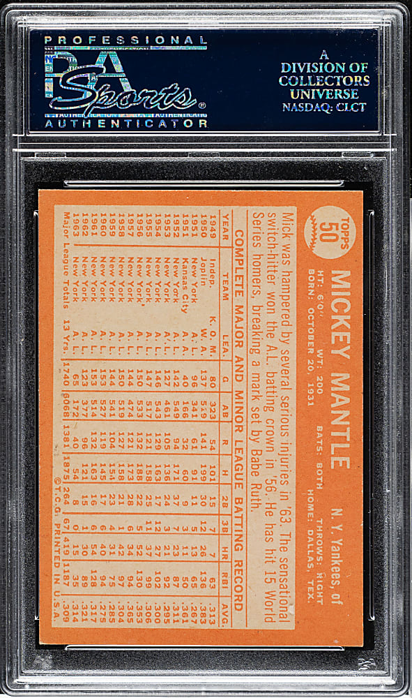 1964 Topps #50 Mickey Mantle PSA NM 7