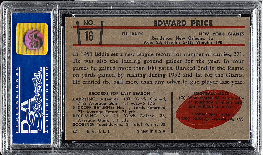 1953 Bowman Football #16 Eddie Price PSA NM-MT 8