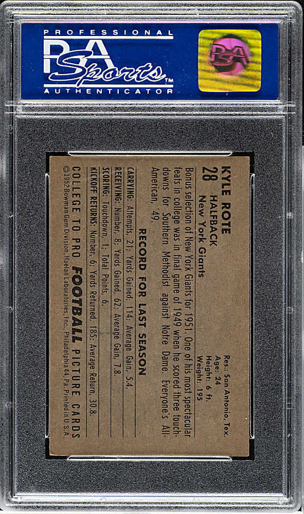 1952 Bowman Small Football #28 Kyle Rote PSA NM 7