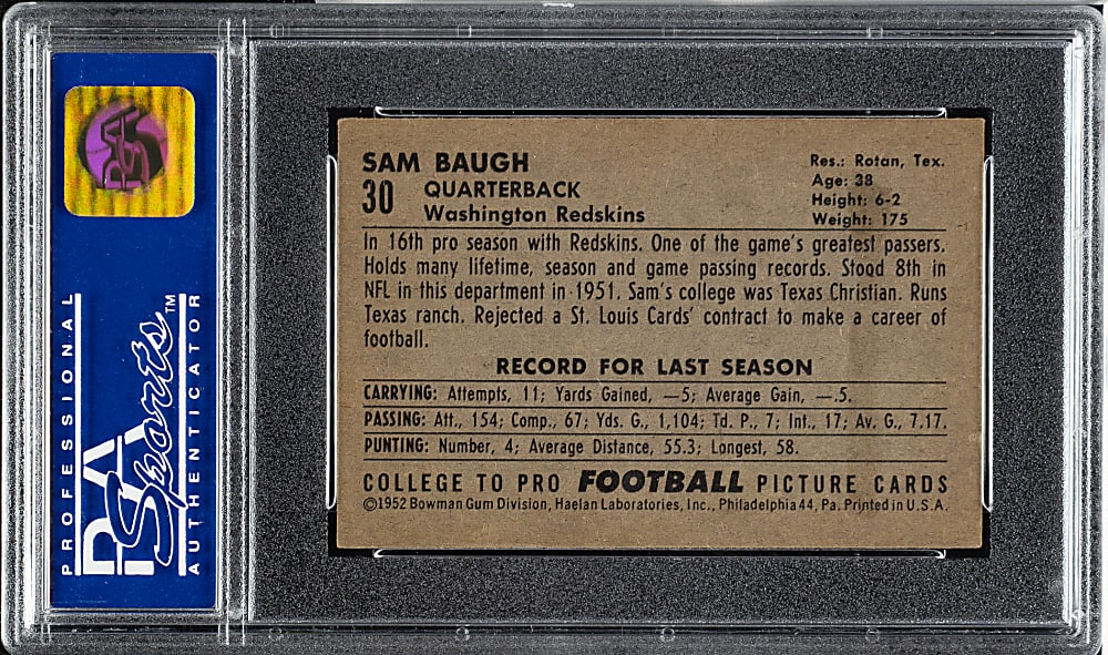 1952 Bowman Small Football #30 Sammy Baugh PSA NM 7