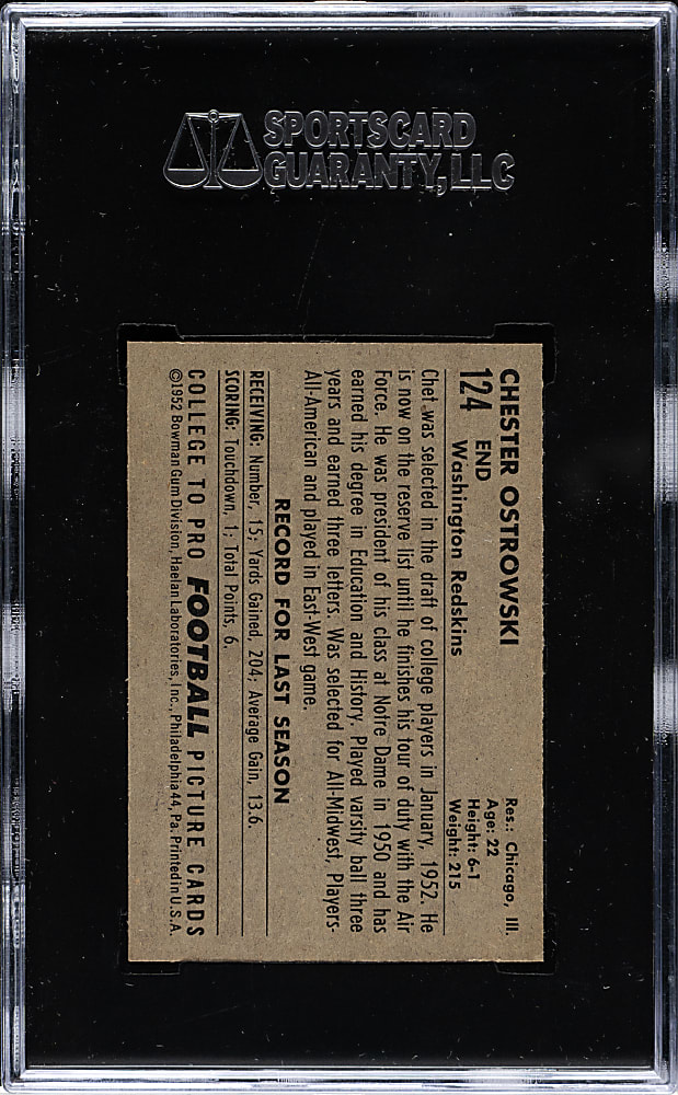 1952 Bowman Small Football #124 Chet Ostrowski SGC NM/MT 88