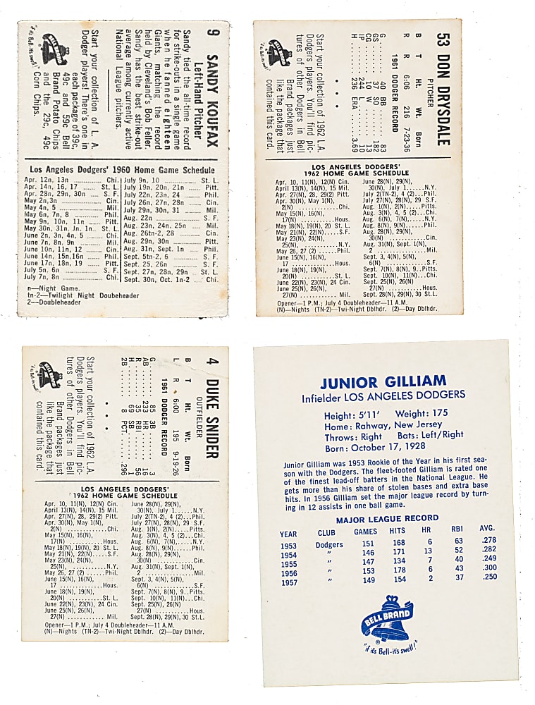 1958 to 1962 Bell Brand Dodgers Collection (38) Including Near-Complete Set