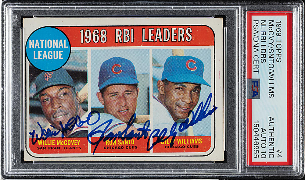 Signed 1969 Topps #4 NL RBI Leaders with Willie McCovey, Ron Santo, and Billy Williams PSA/DNA GEM MINT 10
