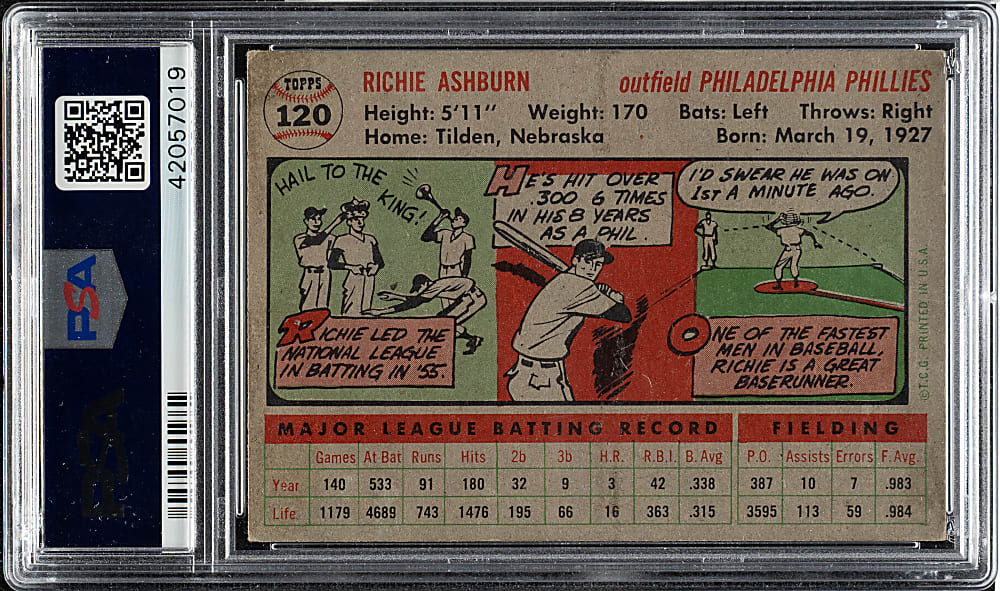 1956 Topps #120 Richie Ashburn Gray Back PSA EX 5