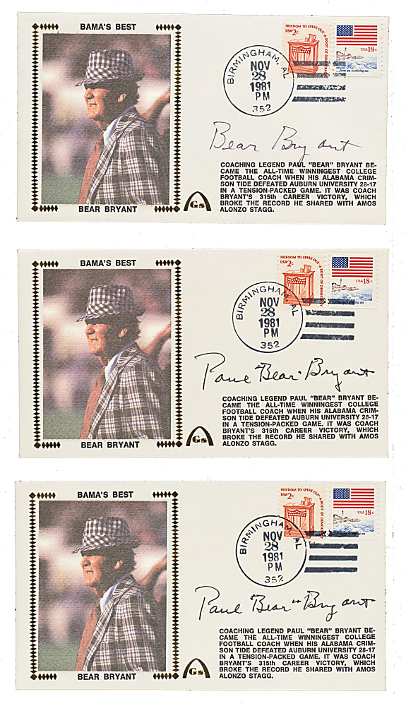 1981 Bear Bryant Signed First-Day Cover Trio
