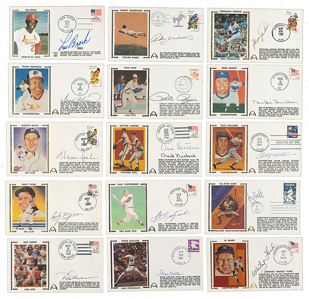 1977 to 1987 Hall of Fame and Stars Signed First-Day Cover Collection (34) Including Duke Snider, Nolan Ryan, and Pete Rose