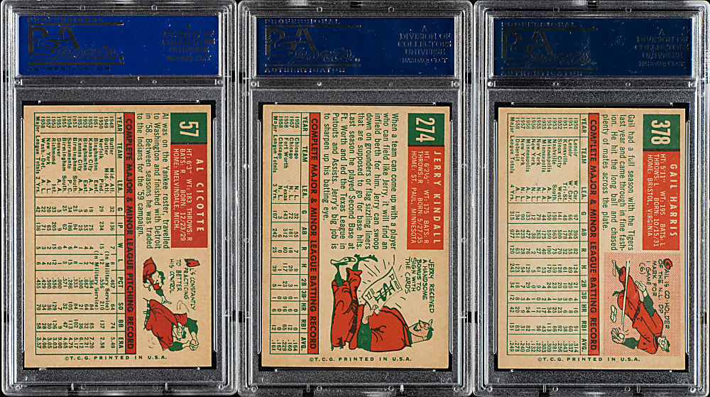 1959 Topps PSA NM 7 Trio: Cicotte, Kindall, and Harris