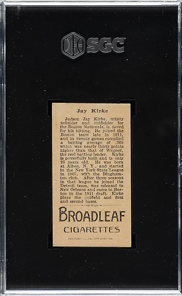 1912 T207 Brown Background Jay Kirke SGC EX 5 - Broadleaf Back