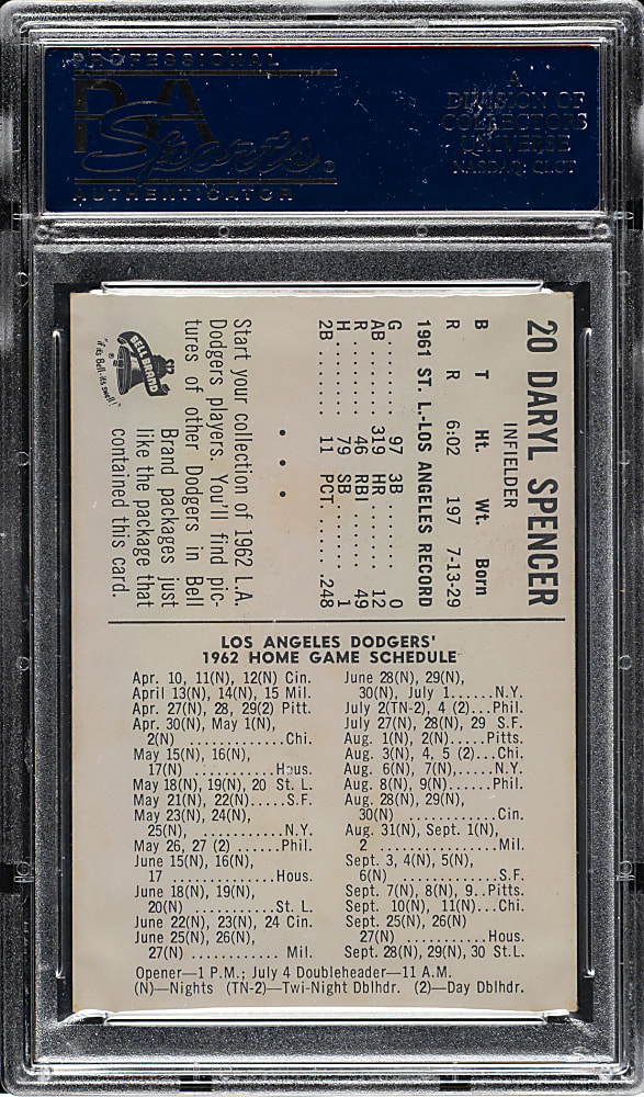 1962 Bell Brand Dodgers #20 Daryl Spencer PSA EX-MT 6