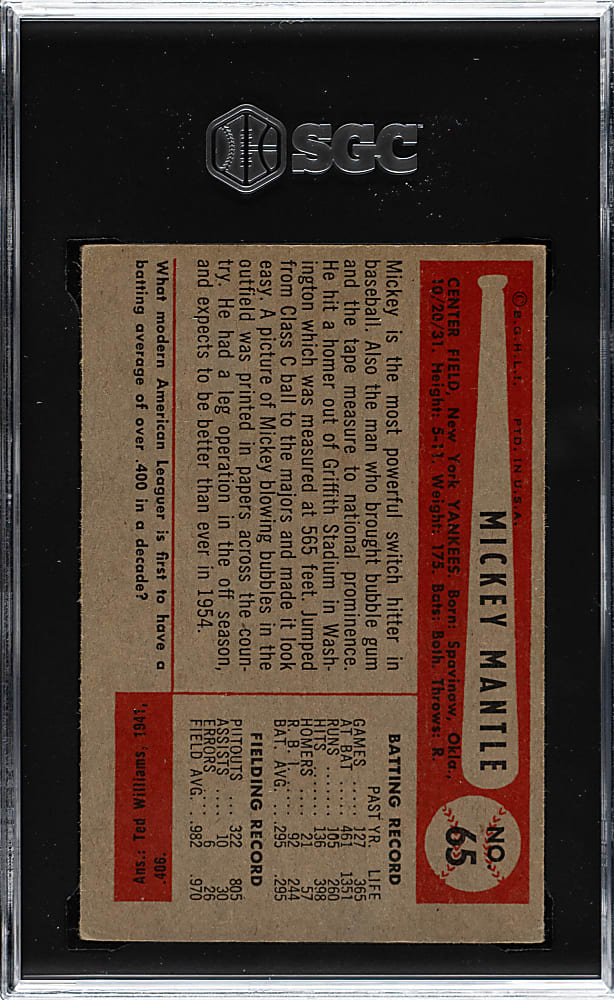 1954 Bowman #65 Mickey Mantle SGC VG 3