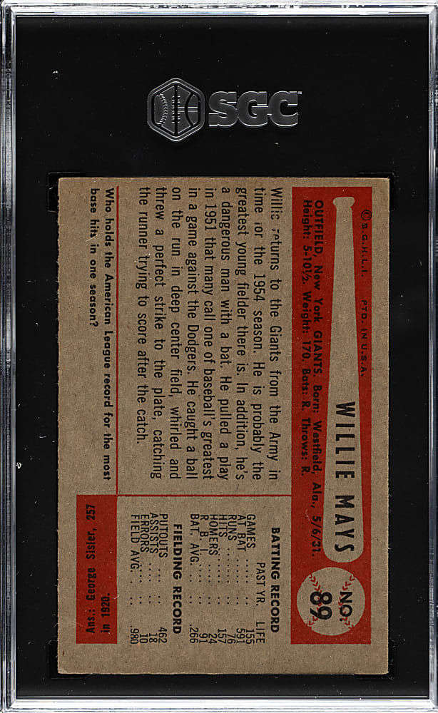 1954 Bowman #89 Willie Mays SGC VG/EX+ 4.5
