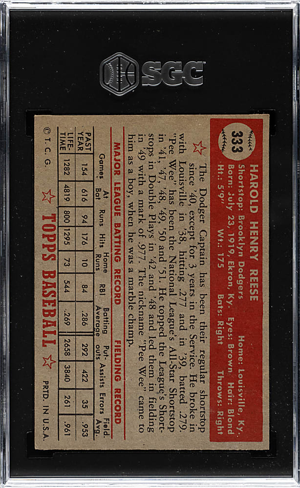 1952 Topps #333 Pee Wee Reese High Number SGC Authentic
