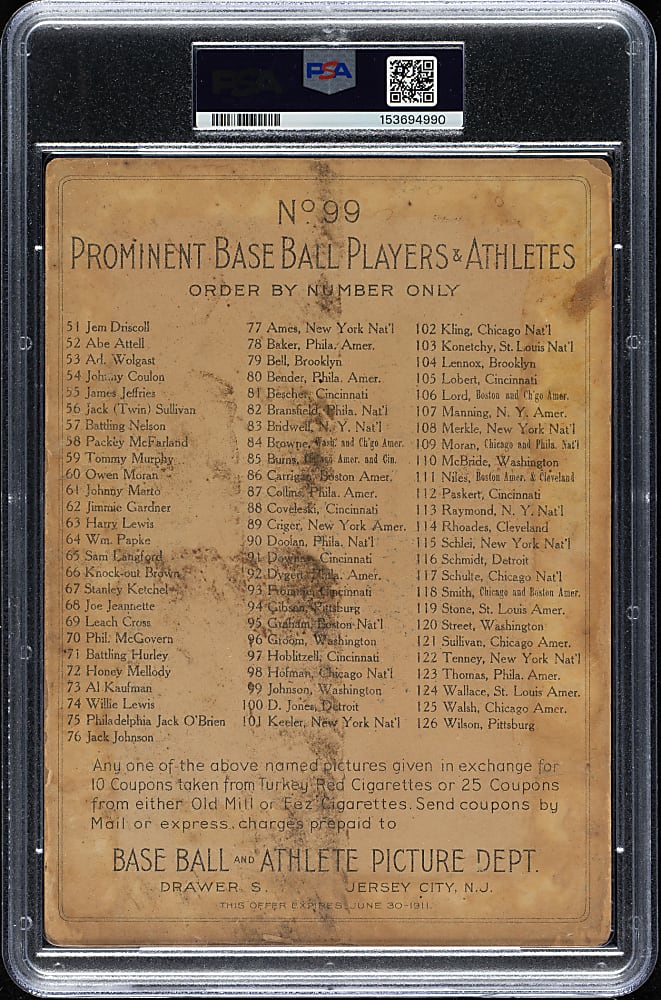 1911 T3 Turkey Red #99 Walter Johnson PSA POOR 1
