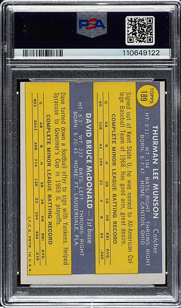 1970 Topps #189 Thurman Munson Rookie PSA VG-EX 4