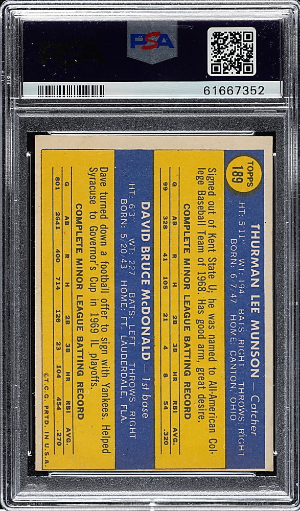 1970 Topps #189 Thurman Munson Rookie PSA EX 5