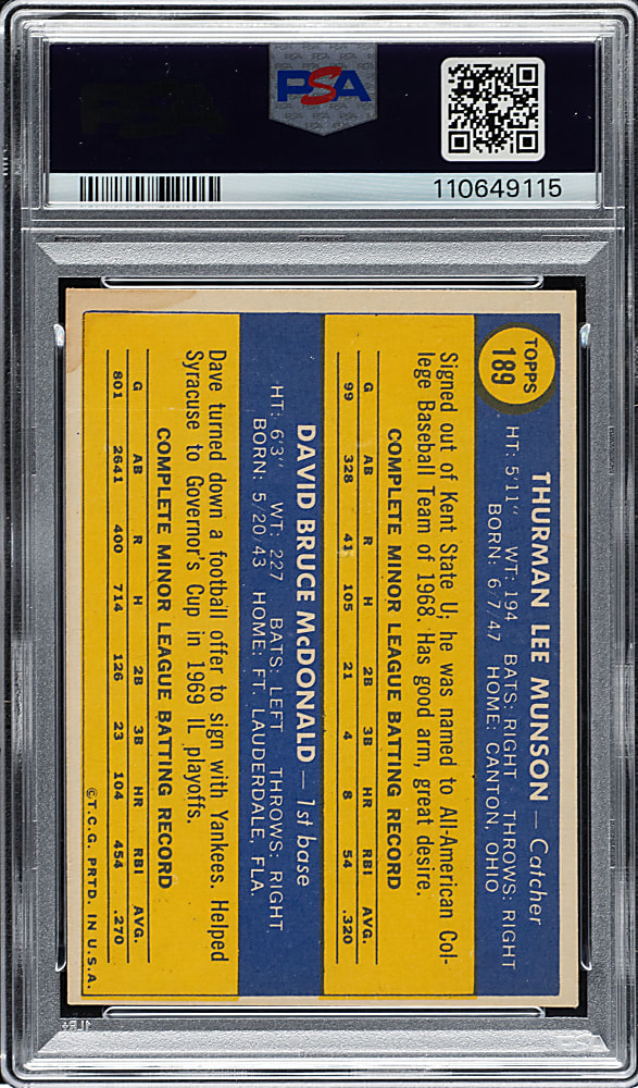 1970 Topps #189 Thurman Munson Rookie PSA EX 5