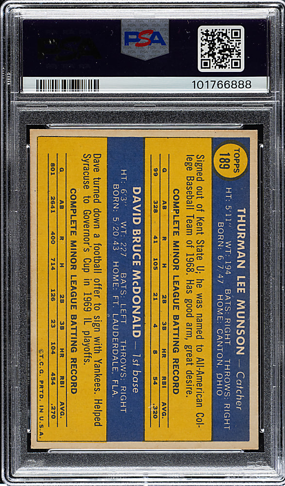 1970 Topps #189 Thurman Munson Rookie PSA EX-MT 6