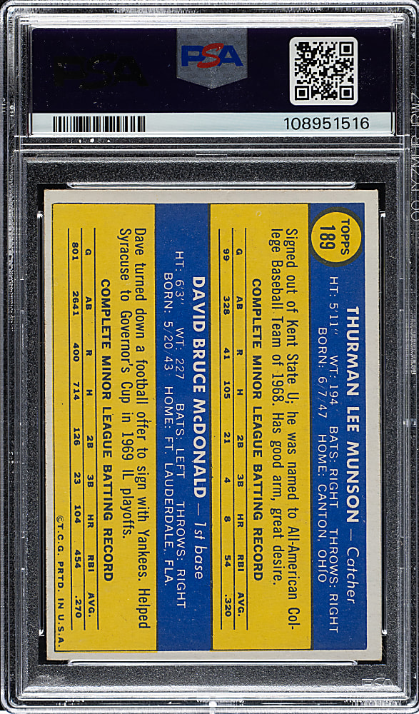 1970 Topps #189 Thurman Munson Rookie PSA EX-MT 6