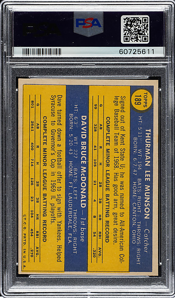 1970 Topps #189 Thurman Munson Rookie PSA NM 7