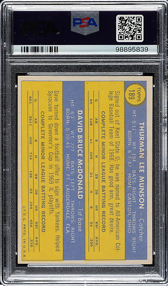 1970 Topps #189 Thurman Munson Rookie PSA NM 7