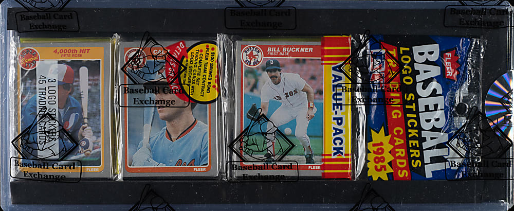 1985 Fleer Unopened Rack Pack - Cal Ripken Jr. and Pete Rose 4,000th Hit on Top - BBCE