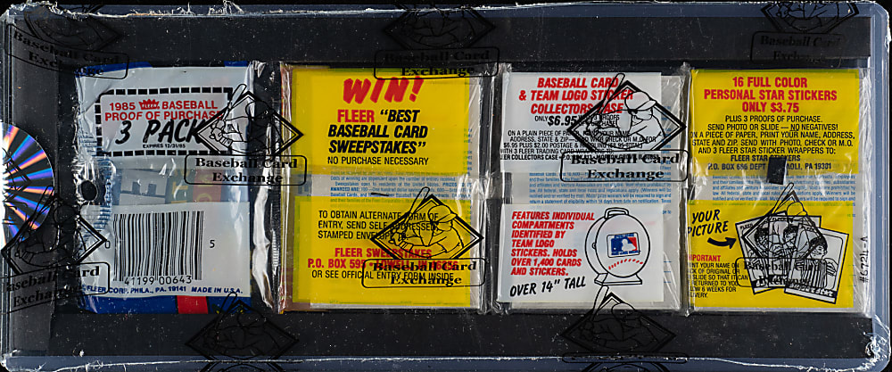 1985 Fleer Unopened Rack Pack - Cal Ripken Jr. and Pete Rose 4,000th Hit on Top - BBCE