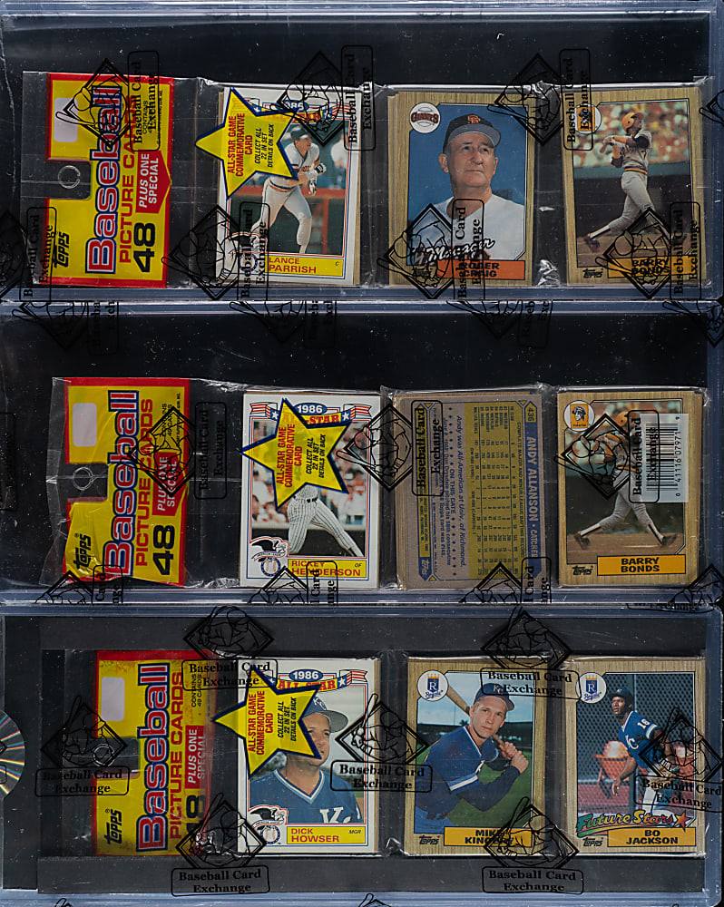 1987 Topps Unopened Rack Pack Trio - Barry Bonds and Bo Jackson on Top - BBCE