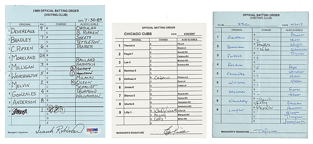 1989 and 2007 St. Louis Cardinals, Chicago Cubs, and Kansas City Royals Lineup Card Trio Signed by Frank Robinson, Lou Piniella, and Tony La Russa