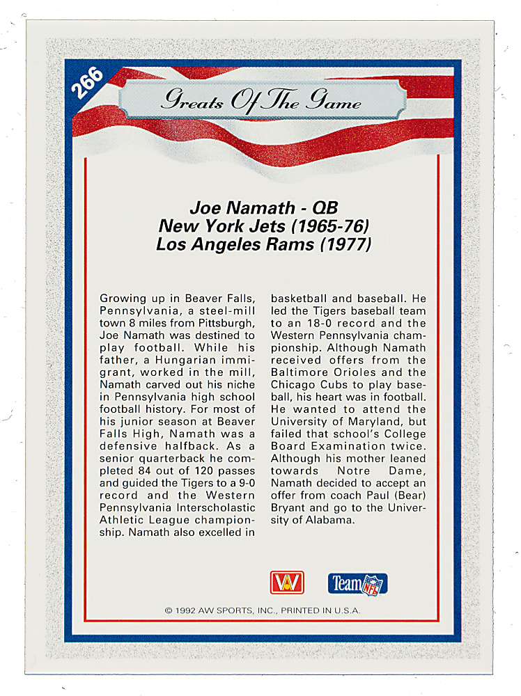 Signed 1992 All-World Greats of the Game Football #266 Joe Namath - JSA