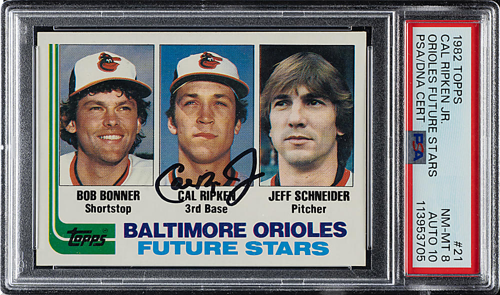 Signed 1982 Topps #21 Cal Ripken Jr. Rookie PSA NM-MT 8 with GEM MINT 10 Signature