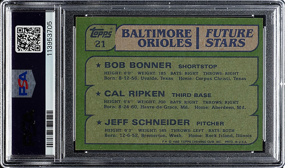 Signed 1982 Topps #21 Cal Ripken Jr. Rookie PSA NM-MT 8 with GEM MINT 10 Signature