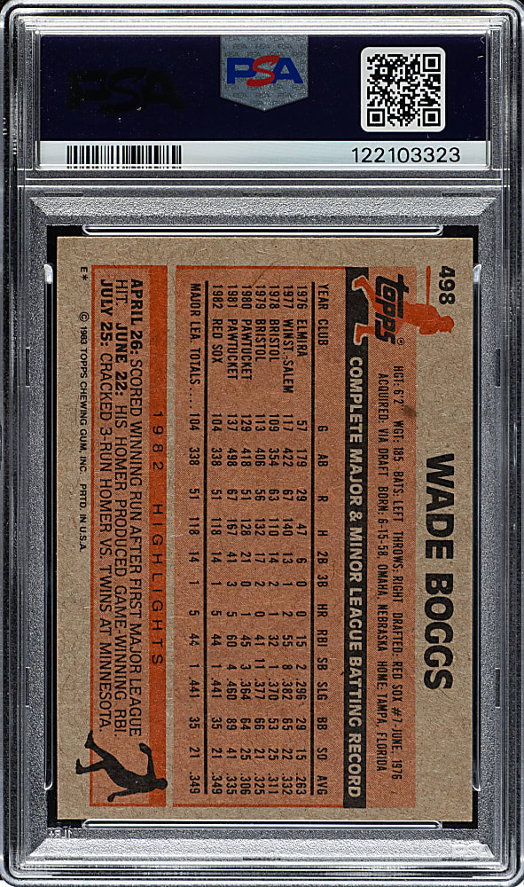 Signed 1983 Topps #498 Wade Boggs Rookie PSA NM-MT 8 with GEM MINT 10 Signature