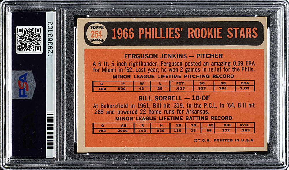 Signed 1966 Topps #254 Fergie Jenkins Rookie PSA/DNA GEM MINT 10