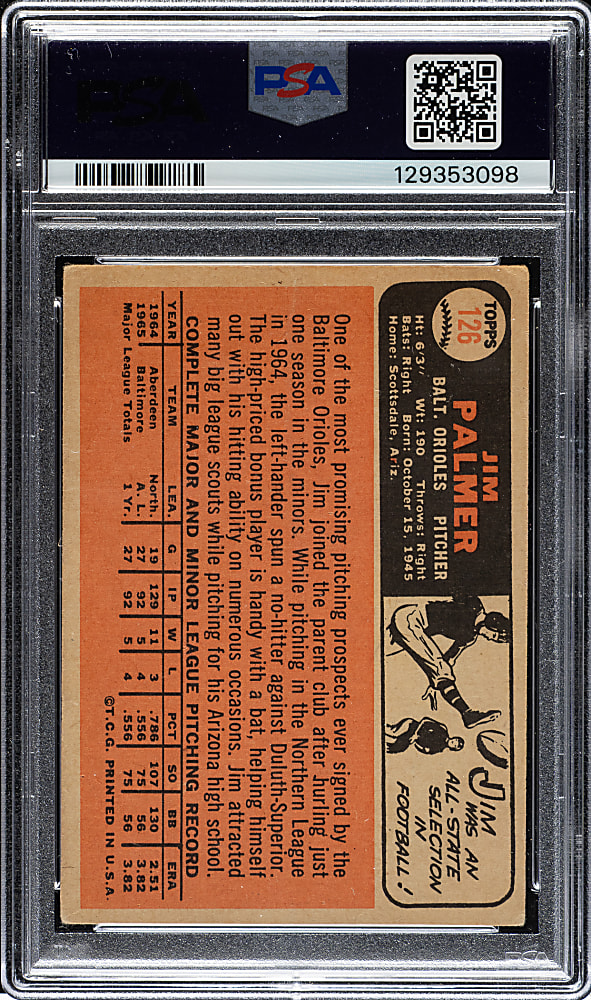 Signed 1966 Topps #126 Jim Palmer Rookie PSA/DNA GEM MINT 10