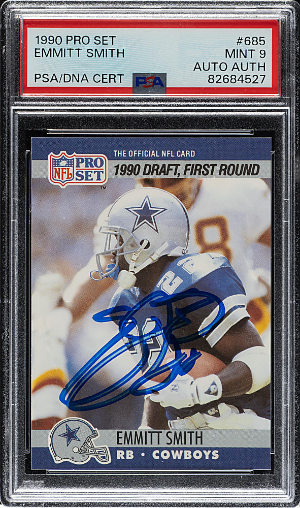 Signed 1990 Pro Set Football #685 Emmitt Smith Rookie PSA MINT 9