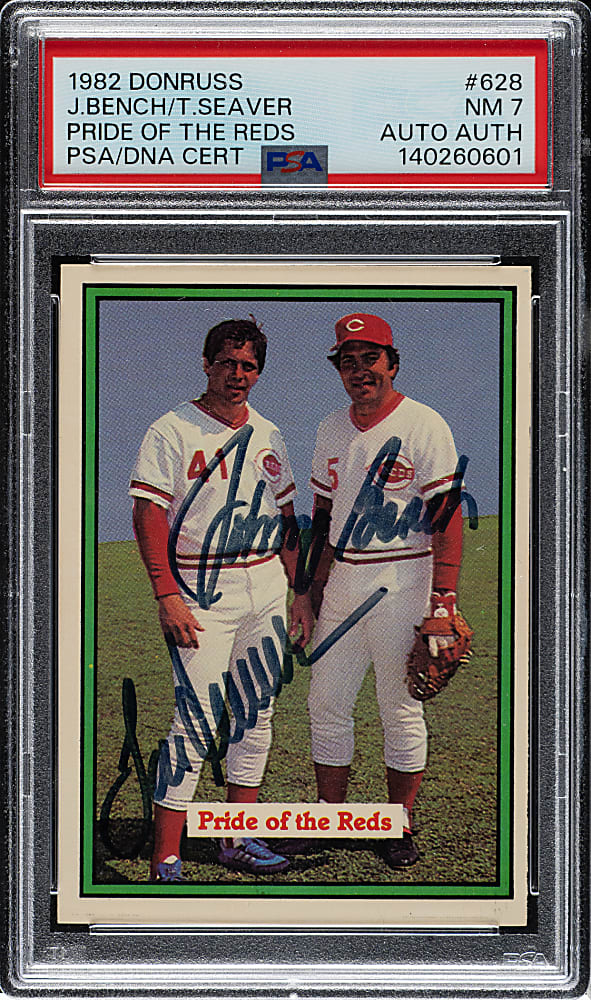 Signed 1982 Donruss #628 Pride of the Reds with Johnny Bench and Tom Seaver PSA NM 7