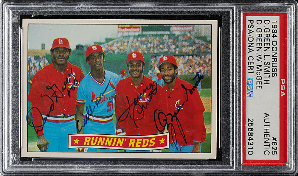 Signed 1984 Donruss #625 Running Redbirds with Ozzie Smith, David Green, Willie McGee, and Lonnie Smith PSA Authentic