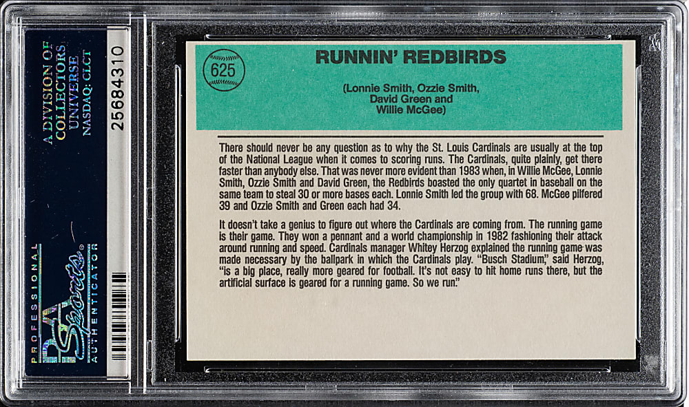 Signed 1984 Donruss #625 Running Redbirds with Ozzie Smith, David Green, Willie McGee, and Lonnie Smith PSA Authentic