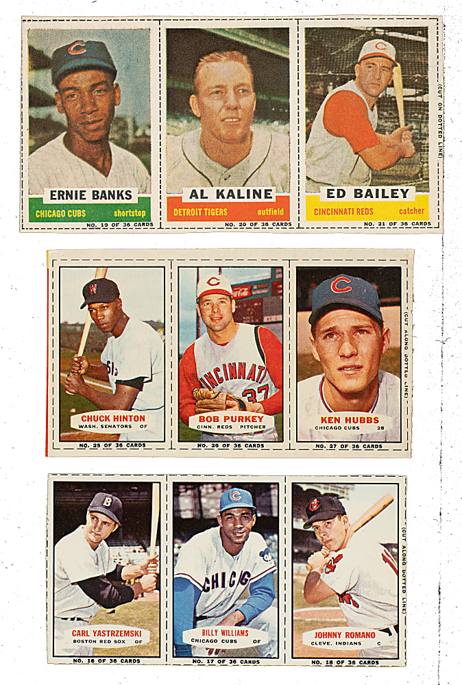 1961 to 1964 Bazooka Uncut Panel Trio with Carl Yastrzemski, Billy Williams, Ernie Banks, and Al Kaline