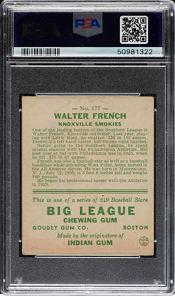 1933 R319 Goudey #177 Walter French PSA VG+ 3.5