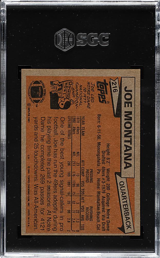 1981 Topps Football #216 Joe Montana Rookie SGC EX/NM 6