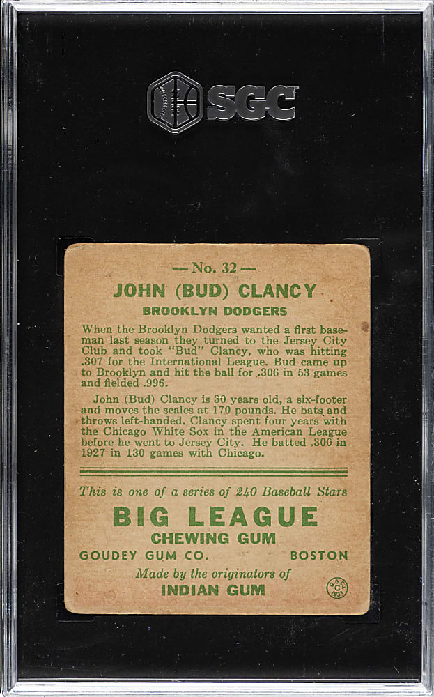 1933 R319 Goudey #32 Bud Clancy SGC GOOD+ 2.5