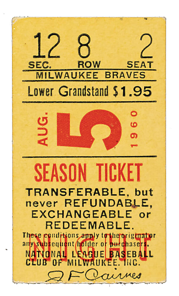 August 5th, 1960 Milwaukee Braves (vs. Chicago Cubs) Ticket Stub - Hank Aaron Career Home Run #209