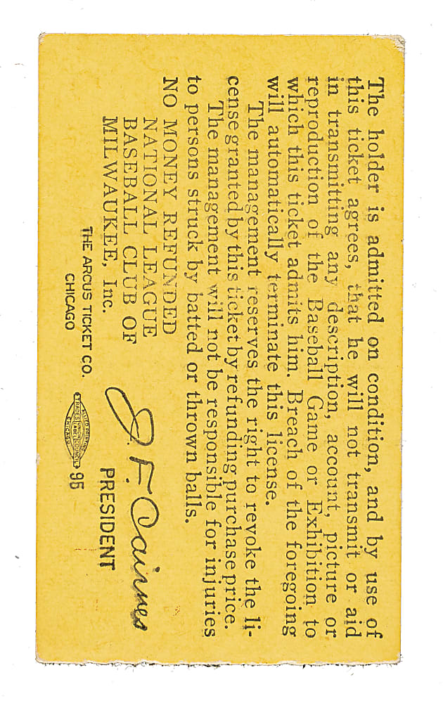 August 5th, 1960 Milwaukee Braves (vs. Chicago Cubs) Ticket Stub - Hank Aaron Career Home Run #209