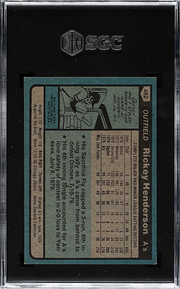 1980 Topps #482 Rickey Henderson Rookie SGC EX/NM 6