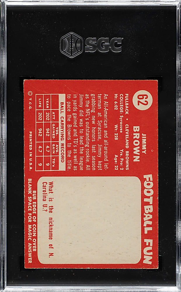 1958 Topps Football #62 Jim Brown Rookie SGC VG 3